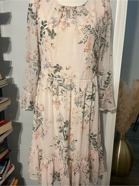 Calvin Klein Blush Floral Long-Sleeve Midi Dress